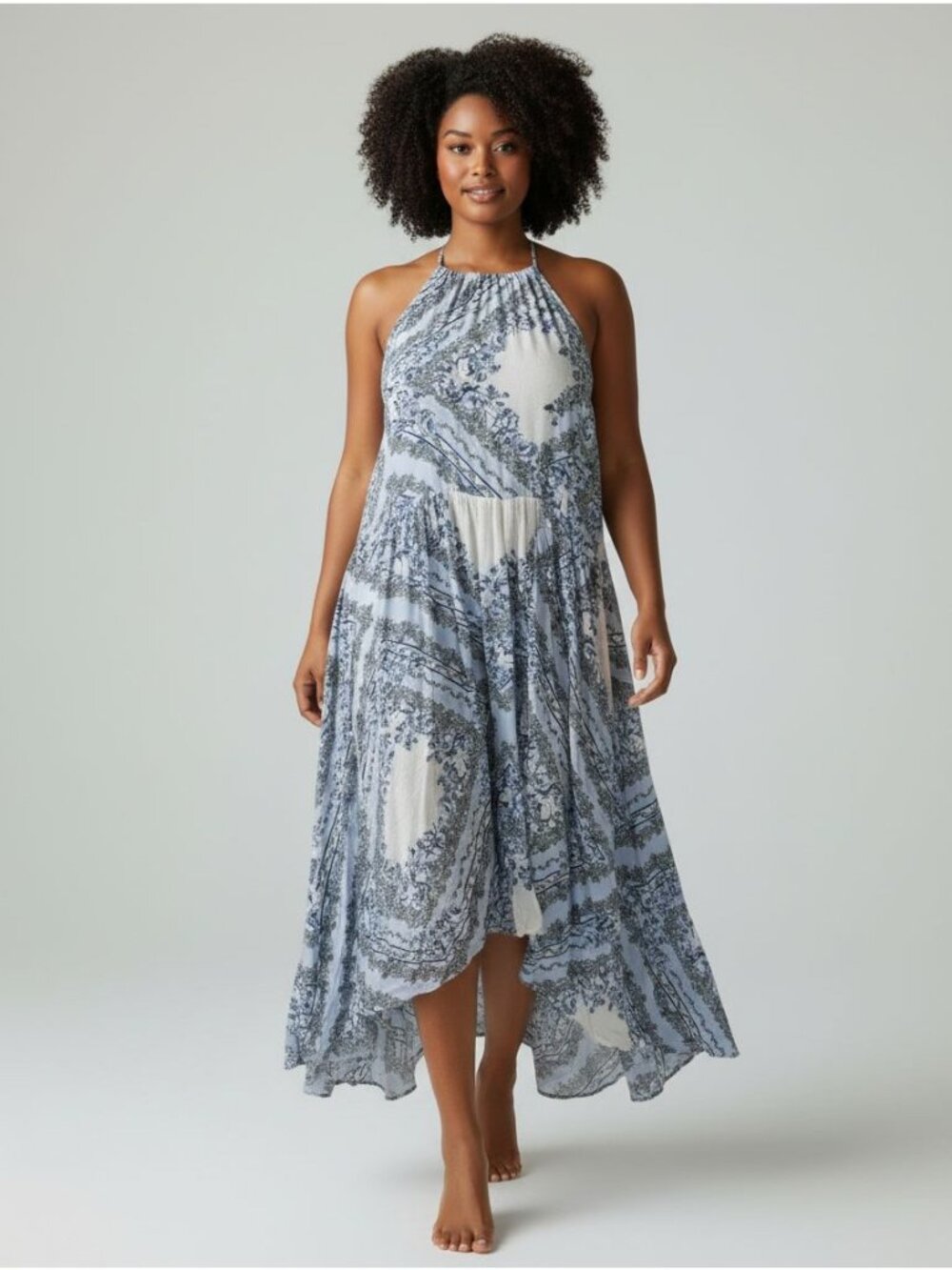 Torrid Blue Bandana Floral Paisley Midi Challis High Neck Hanky Dress 3X